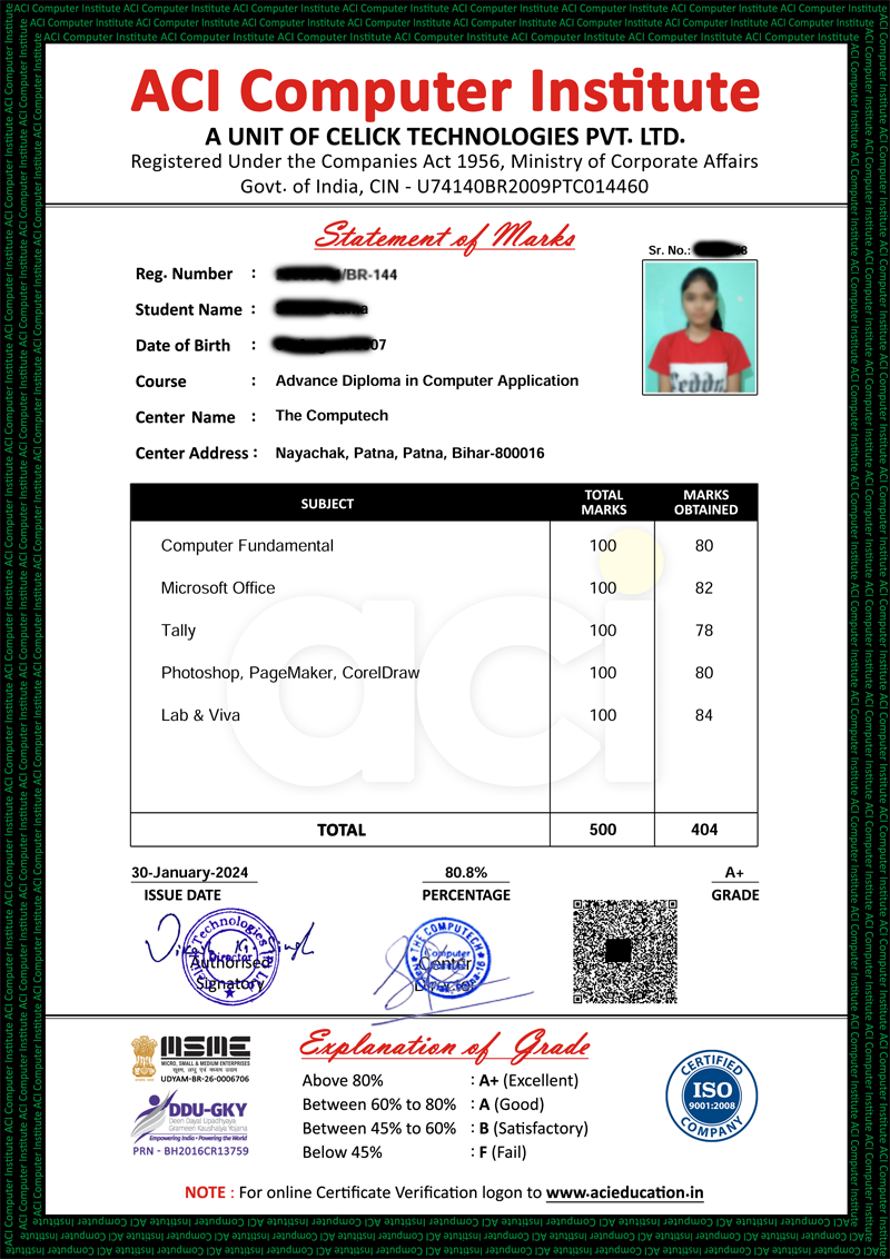 ADCA Marksheet Sample